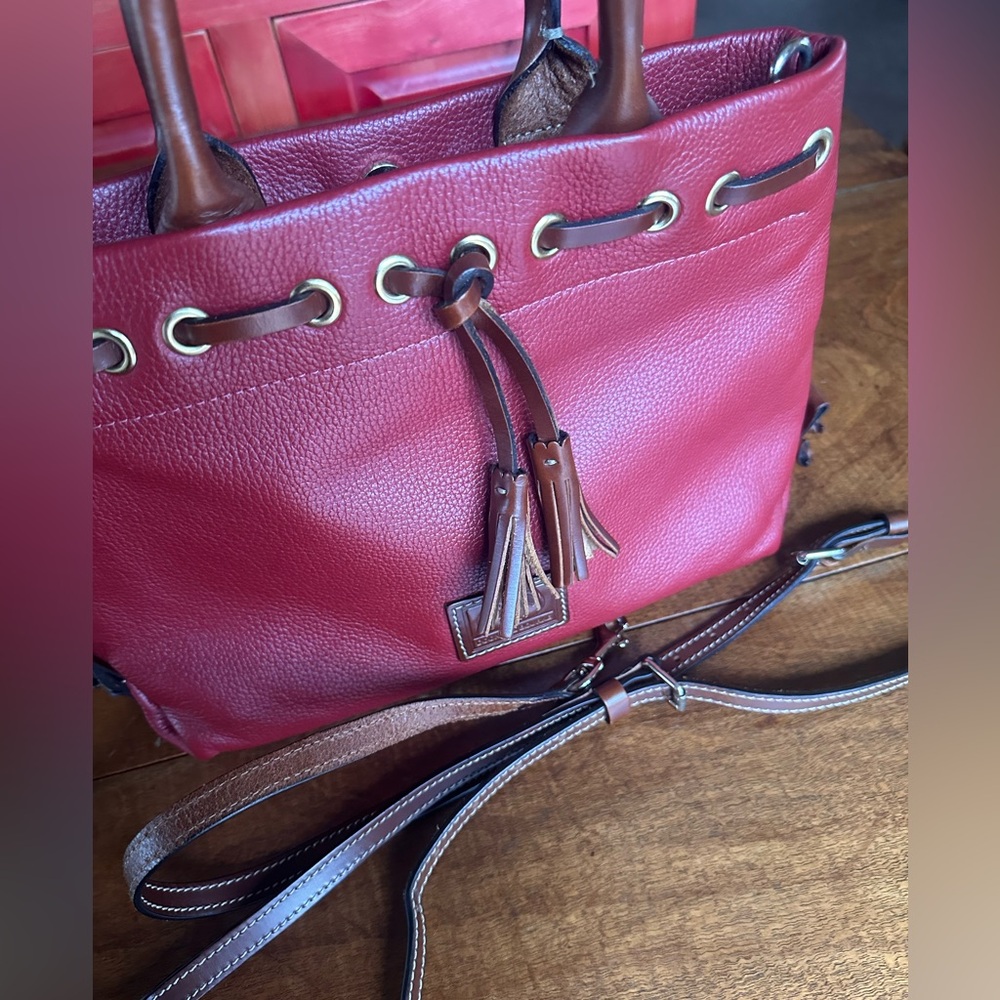 Dooney & Bourke Wakefield Tassel Red Pebbled Leather British Tan Trim Bag Purse